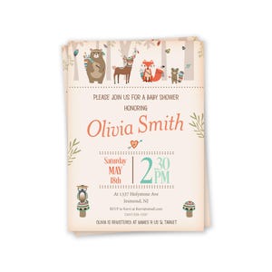 May include: A baby shower invitation with a woodland theme. The invitation features a brown bear, a deer, a fox, and an owl. The text on the invitation reads "Please join us for a baby shower honoring Olivia Smith. Saturday May 18th 2:30 PM. At 1337 Holystone Ave Jesmond, NJ. RSVP to Kerri at Kerris@email.com (321) 555-1337. Olivia is registered at Babies R Us & Target."