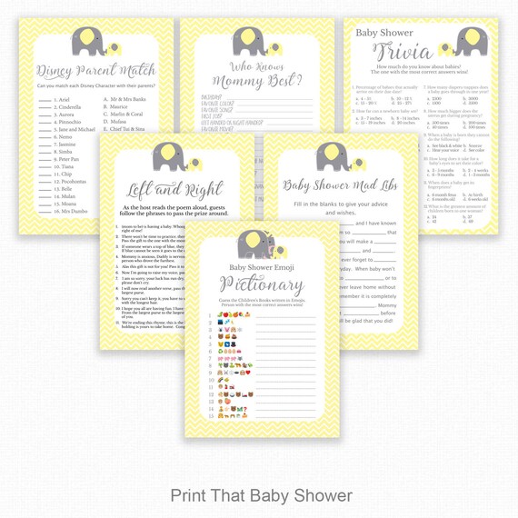 Baby Shower Game Bundle - 6 Games bundle, Pink Elephant Baby Shower, Yellow Shower Games, Baby Shower Emoji, Baby Shower Trivia, Elephant 02 Il_570xn