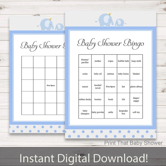 Baby Shower Games - Baby Shower Bingo - Blue Elephant Baby Shower - Blue Elephant Shower Games - Bingo Shower Games - Baby Blue Dots Il_570xn