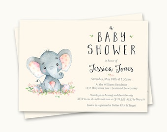 May include: A baby shower invitation with a watercolor illustration of a gray elephant with pink ears and a pink flower crown. The text reads "a BABY SHOWER in honor of Jessica Jones Saturday, May 18th at 2:30pm At the Williams Residence 1337 Holystone Ave :: Jesmond, New Jersey Hosted by Lea Kennedy and Kerri Kennedy RSVP to Lea at Lea@email.com or (321) 555-1337 by May 4th Jessica is registered at Babies R Us & Target"