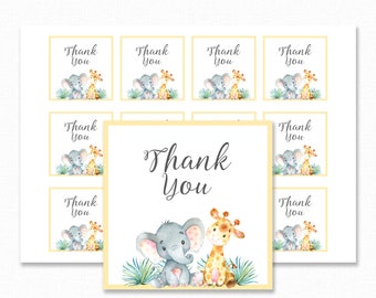 Baby Shower Favor Tag - Jungle Baby Shower - Printable Favour Tags - Jungle Baby Shower Thank You Tag - Elephant and Giraffe