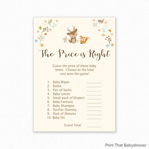 The Price is Right Baby Shower Game - Woodland Baby Shower Games -  Baby Price Is Right - Woodland