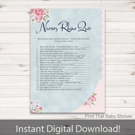 Baby Shower Games Nursery Rhyme Quiz Game Vintage Floral Shower