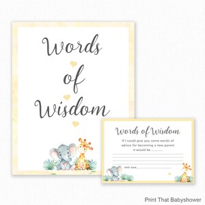 Jeux de baby shower - Baby Words Of Wisdom - Cartes de conseils pour bébé - Jeux de douche d’éléphant et de girafe, Cartes de conseils de girafe d’éléphant, Jungle Guys