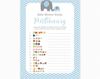 Baby Shower Game - Blue Baby Shower -  Emoji Pictionary - Blue Elephant Baby Shower Printable - Baby Shower Emoji Game, - Blue Elephant