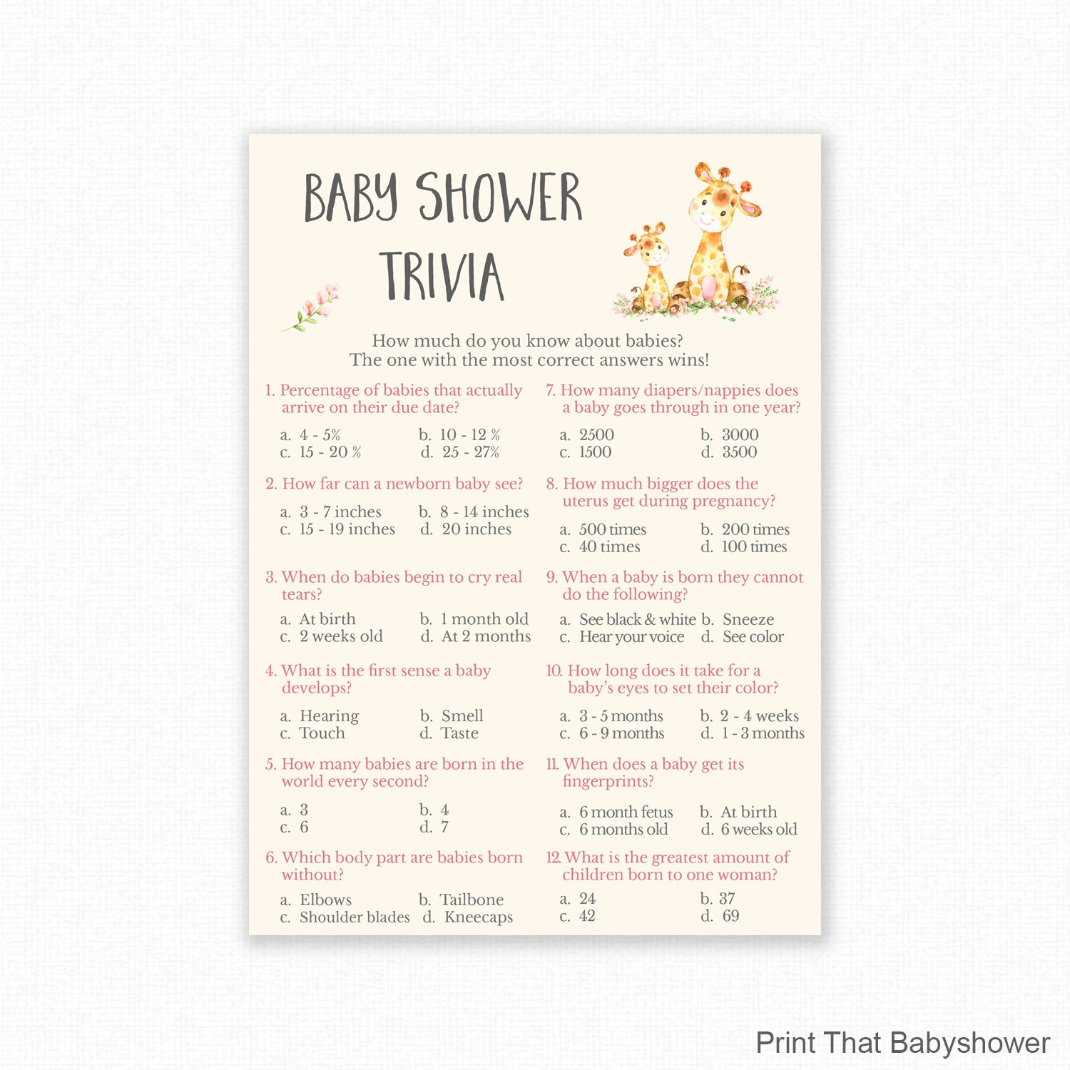 Baby Shower Games Baby Trivia Game Baby Shower Trivia Etsy