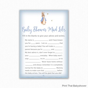 Baby Shower Game - Peter Rabbit Baby Shower - Baby Mad Libs - Peter Rabbit Baby Shower Printable, Baby Shower Mad Libs Game, Boy Baby Shower