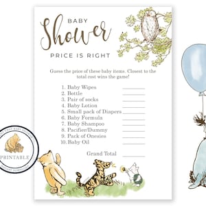 May include: Printable baby shower game with a Winnie the Pooh theme. The game is called "Price is Right" and asks guests to guess the price of various baby items. The game features illustrations of Winnie the Pooh, Piglet, Tigger, and an owl.