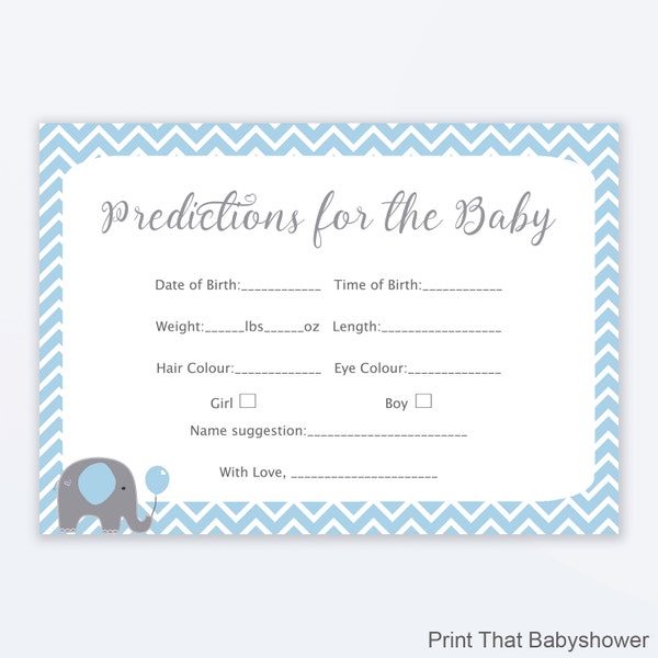 Baby Shower Games - Elephant Baby Predictions Game - Baby Predictiction Card - Blue Elephant - Elephant Prediction Card