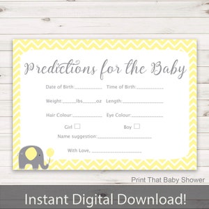 Baby Shower Games - Baby Voorspellingen Spel - Baby Predictiction Card, Gele Olifant Douche Spelletjes, Olifant Voorspellingskaart, Gele Olifant