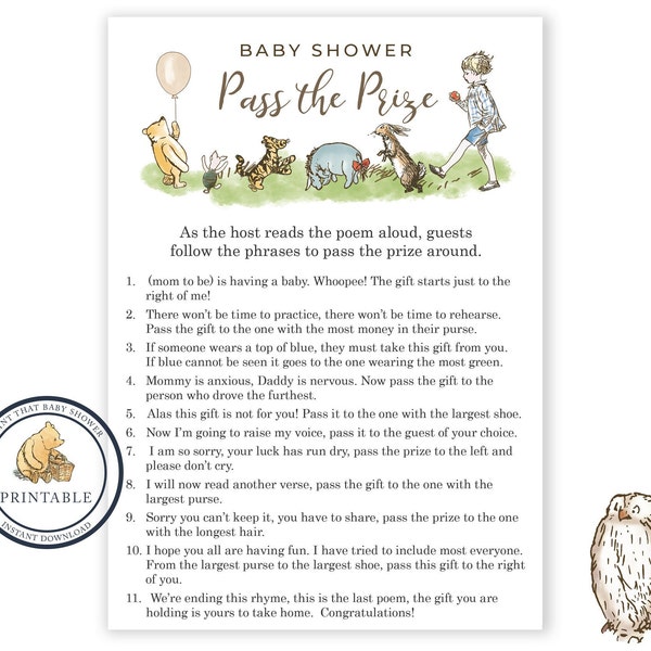 Pass the Parcel Rhyme - Winnie The Pooh Baby Shower -  Baby Shower Game - Left and Right Game - Printable - Baby Shower Pass the prize game