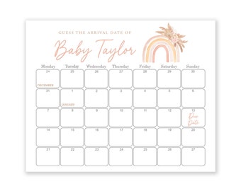 Guess The Due Date - Boho Rainbow Baby Shower Games - Baby Shower Birthday Prediction, Printable Baby Shower Due Date Calendar Game - Rustic