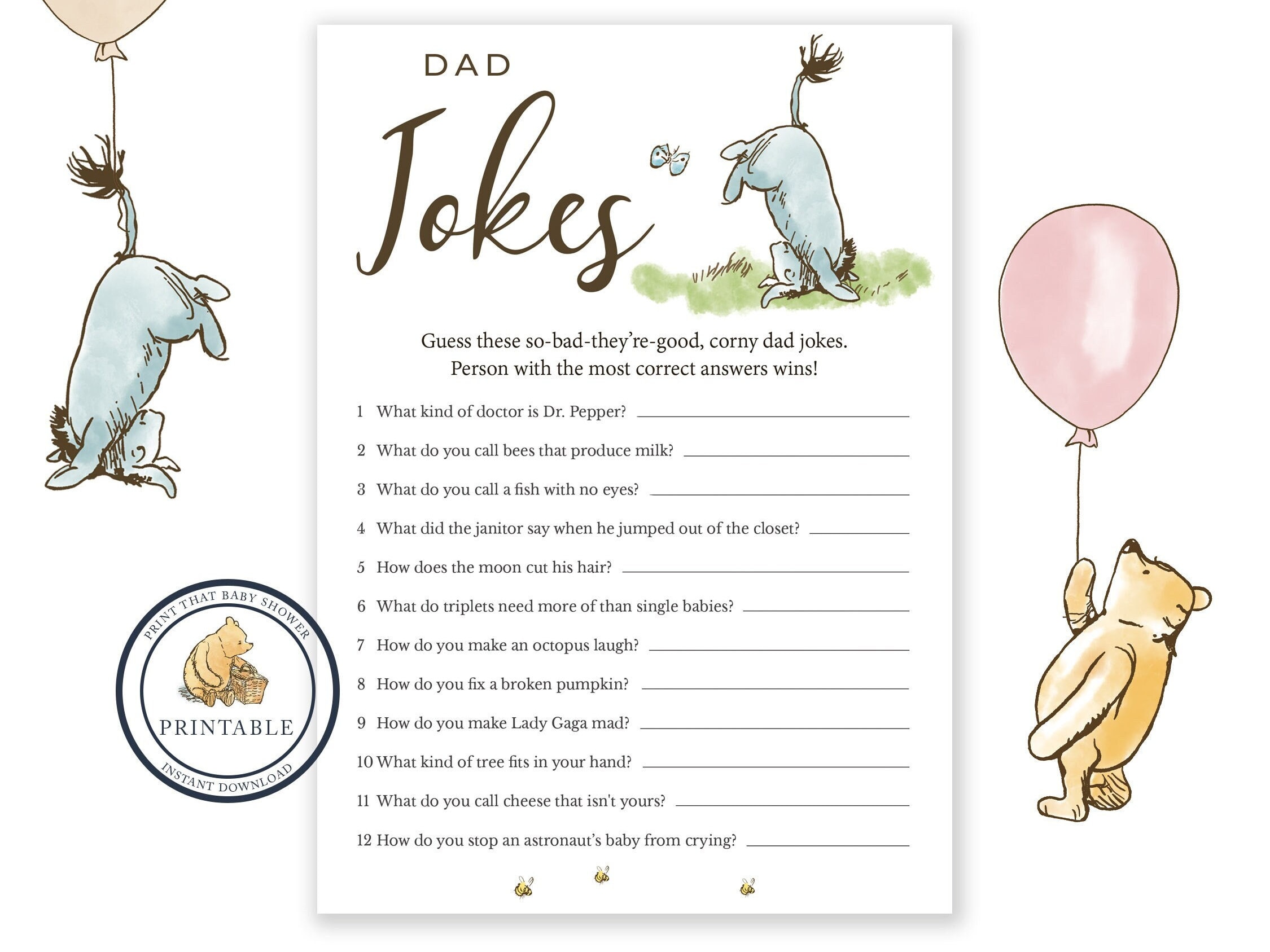 Baby Shower Games - Dad Jokes Game - Baby Shower Trivia Game - Classic Winnie The Pooh Baby Shower - Pooh Bear Baby Shower