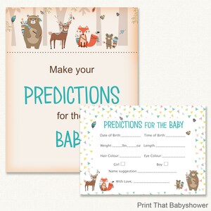 May include: Baby shower prediction cards with woodland animal illustrations. The main card reads "Make your PREDICTIONS for the BABY" in teal lettering. A smaller card has fill-in-the-blank fields for baby's details. The cards are decorated with colorful triangles.