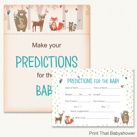 Unisex Neutral Tribal Animal Baby Shower Games 10 x Baby Predictions Cards 