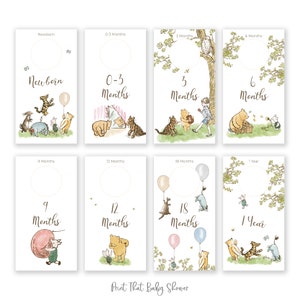 Puede incluir: Conjunto de 8 tarjetas de hitos para bebés con temática de Winnie the Pooh con fondo blanco e ilustraciones de acuarela. Cada tarjeta presenta un hito de edad diferente desde recién nacido hasta 1 año, con un círculo para una foto. Las tarjetas incluyen el texto "Recién nacido", "0-3 meses", "3 meses", "6 meses", "9 meses", "12 meses", "18 meses" y "1 año".