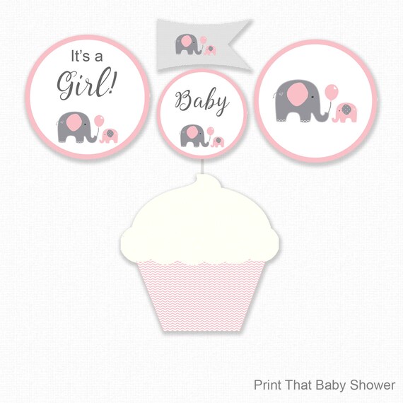 Elephant Baby Shower Cupcake Toppers and Cupcake Wrappers Printable