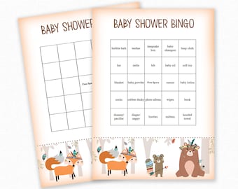 May include: Two baby shower bingo cards with a woodland theme. One card is blank, the other has bingo squares with baby-related words. The bottom of the cards feature illustrations of a fox, bear, and other forest animals. The text "Print That Babyshower" is at the bottom.