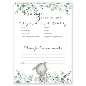Baby voorspellingen kaart | Babyshowerspel | Advies en wensen voor toekomstige ouders | Babyvoorspellingen en advies | Olifant babyshower | Groen