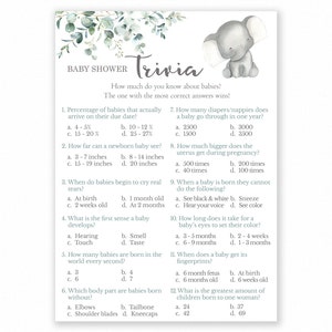 Baby Shower Games - Baby Trivia Game - Baby Shower Trivia - Elephant Baby Shower - Elephant Shower Game - Printable Game - Greenery Shower