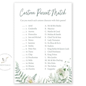 May include: A printable game card with a green and white floral design. The card features a list of cartoon characters and their parents. The text on the card reads "Cartoon Parent Match". Can you match each cartoon character with their parent?"