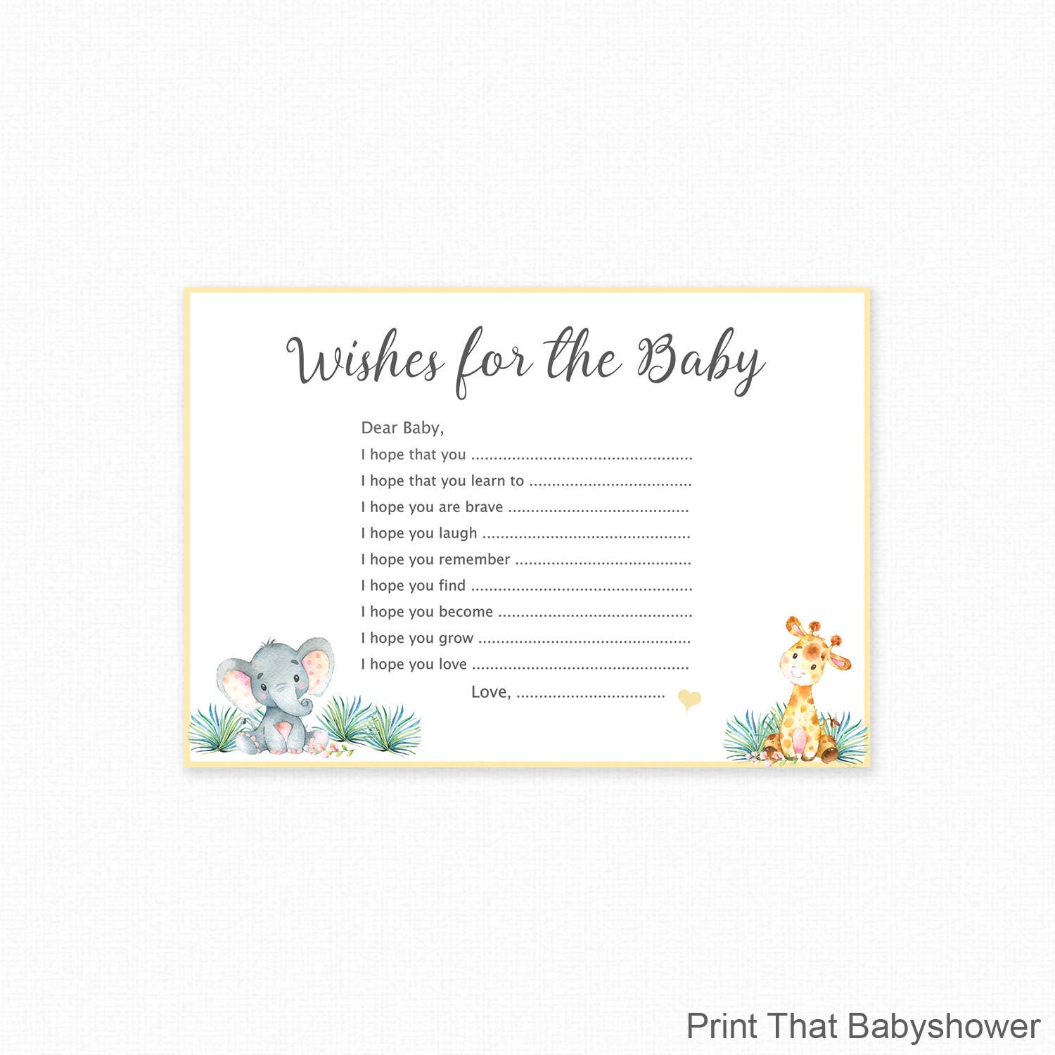 Elephant Wishes for Baby card Floral girl wishes for baby Instant download #el3 Printable girl safari Baby Shower Game