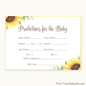 Jeux de baby shower - Sunflower Baby Predictions Game - Carte de prédiction de bébé - Floral - Carte de prédiction florale