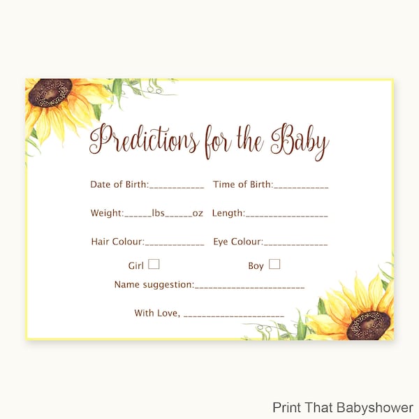 Baby Shower Games - Sunflower Baby Predictions Game - Baby Predictiction Card - Floral - Floral Prediction Card