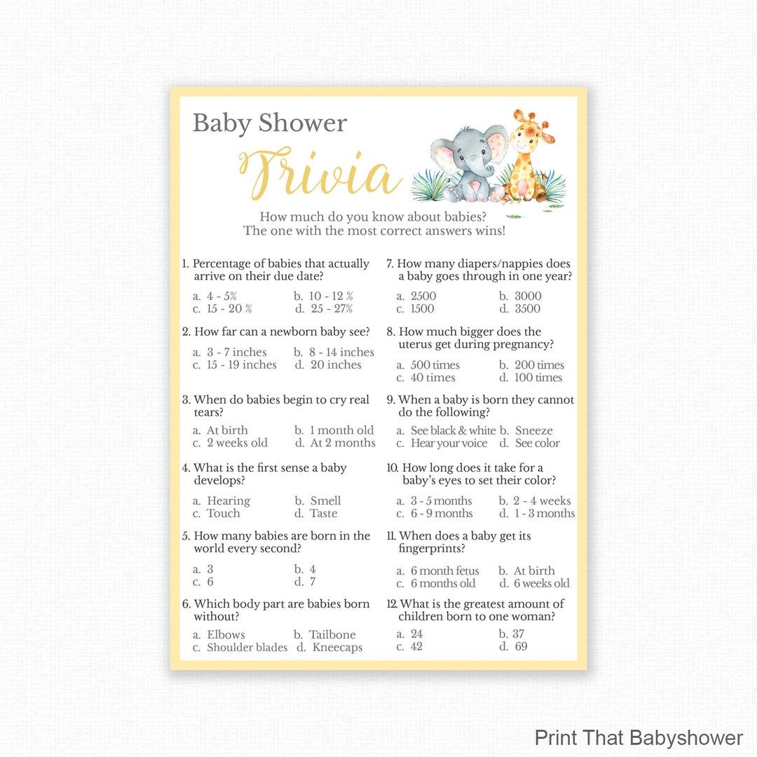 Baby Shower Games - Baby Trivia Game - Baby Shower Trivia - Jungle ...