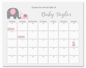 Rosa Elefant Baby Shower, Guess the Due Date, Baby Shower Spiel, Baby Geburtstag Vorhersage, druckbare Baby Shower Fälligkeit Kalender Spiel