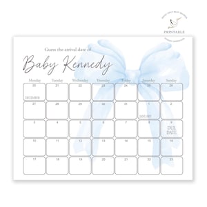 Guess The Due Date - Coquette Baby Shower Game - Baby Shower Birthday Prediction | Due Date Calendar Game | Blue Ribbon Pink Bow Baby Shower