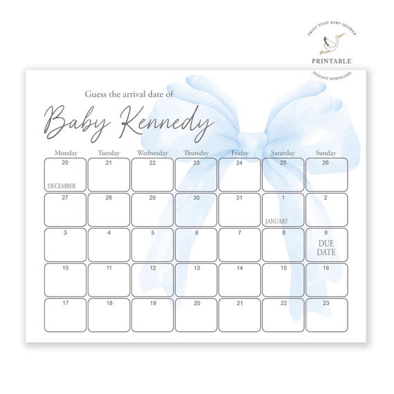 Guess The Due Date - Coquette Baby Shower Game - Birthday Prediction Calendar Game - Blue Bow