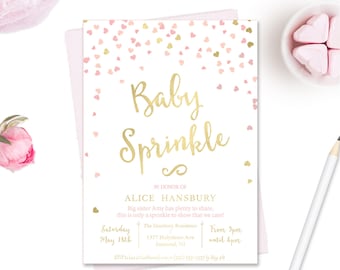 Pink Hearts Baby Sprinkle Invitations - Girl Baby Sprinkle - Printable Invitation - Pink Baby Sprinkle Invites - Pink and Gold Hearts
