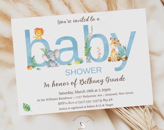 Zaproszenie na baby shower z motywem zwierząt z dżungli safari | Spersonalizowane zaproszenie do druku lub w wersji cyfrowej | Niebieski