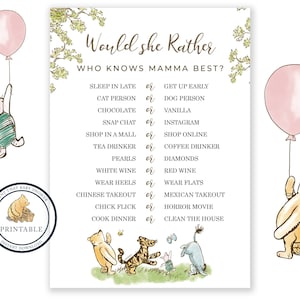 Baby Shower Game - Winnie the Pooh Baby Shower - Would She Rather - Baby Shower Printable - Who Knows Mommy Best - Classic Pooh Bear