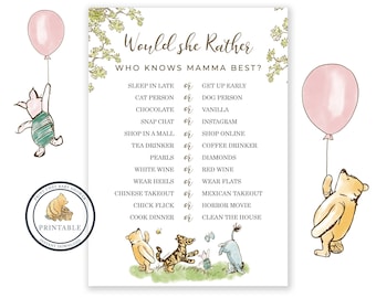 Baby Shower Game - Winnie the Pooh Baby Shower - Would She Rather - Baby Shower Printable - Who Knows Mommy Best - Classic Pooh Bear
