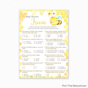 Baby Shower Games - Baby Trivia Game - Baby Shower Trivia - Bee Baby Shower - Baby Bee Shower Games - Printable Game