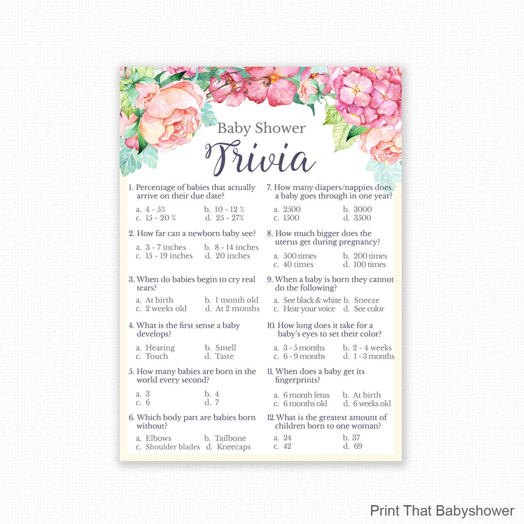 Baby Shower Games Baby Trivia Game Baby Shower Trivia Floral Baby