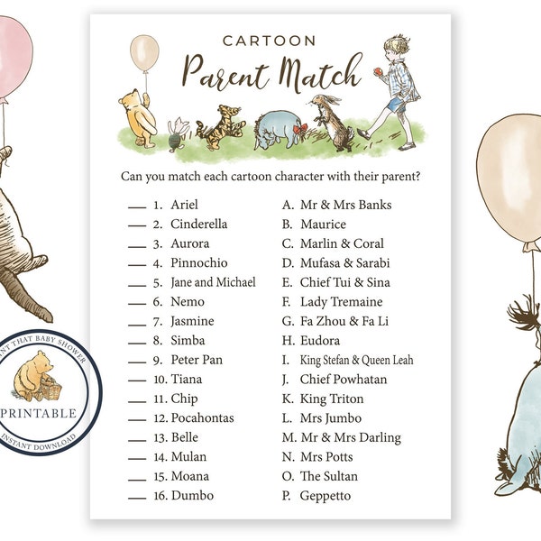 Baby Shower Games - Cartoon Parent Match Game - Winnie the Pooh Baby Shower - Cartoon Character Match - Classic Pooh Baby Shower