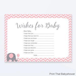 Juegos de Baby Shower - Juego de Deseos para Bebé - Juego de Ducha de Elefante Rosa - Deseos para Bebé Imprimible - Tarjeta de Deseos para Bebé - Elefante Rosa