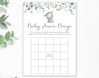 Babyshower bingokaarten - afdrukbaar - babyshowerspellen - olifantenbabyshower - bingodouchespel - olifantenbingo - groen