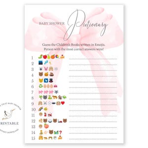Babyparty Spiel - Kokette Babyparty - Emoji Pictionary - Rosa kokette Schleife Babyparty druckbare - Babyparty Emoji Spiel