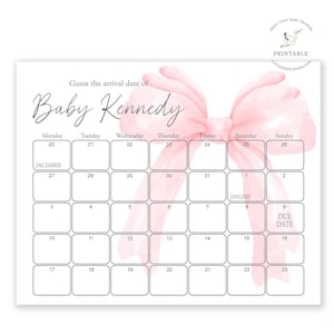 Errate das Fälligkeitsdatum - Kokette Babyparty Spiel - Babyparty Geburtstagsvorhersage | Fälligkeitsdatum Spiel | Pink Ribbon Pink Schleife Babyparty