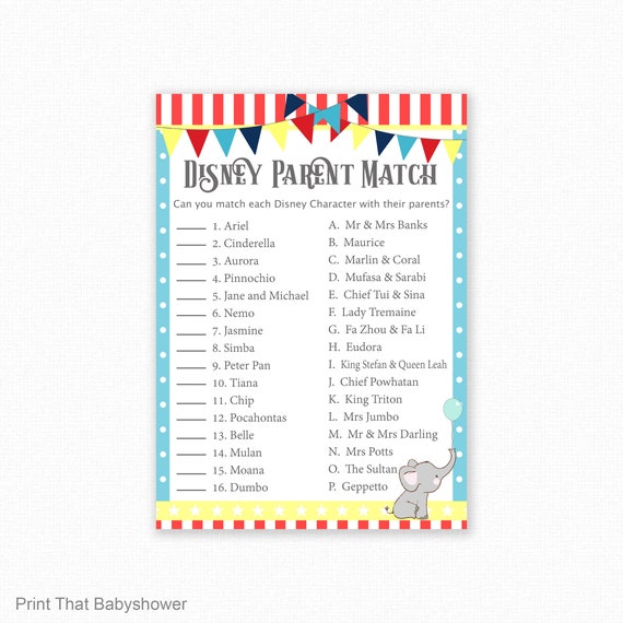 Baby Shower Games - Disney Parent Match Game - Disney Characters Match - Circus Baby Shower - Circus Shower Games - Printable Party Game Il_570xn