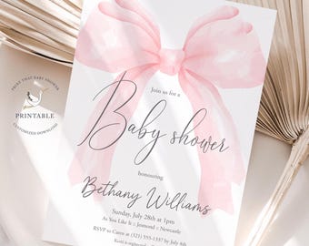 Pink Coquette Baby Shower Invitations - Pink Bow Baby Shower - Printable Invitation - Digital Invite - Pink Ribbon Invite