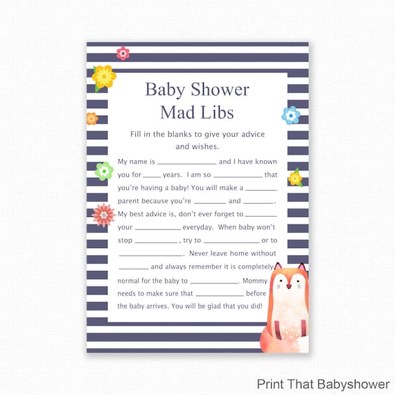 Baby Shower Game - Blue Baby Shower - Baby Mad Libs - Fox Baby Shower Printable - Baby Shower Mad Libs Game - Fox Il_570xn