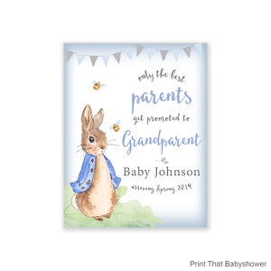 May include: A baby announcement card with a watercolour illustration of Peter Rabbit. The text says "only the best parents get promoted to Grandparent", with the baby's name and the expected arrival date.