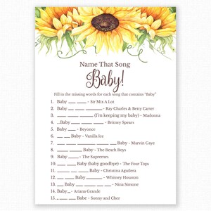 Baby Shower Game - Peter Rabbit Baby Shower,  Name That Song Baby, Floral Shower Printable, Baby Shower Song Trivia - Sunflowers