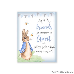 May include: A watercolor print featuring Peter Rabbit with text that reads "only the best friends get promoted to Aunt." The print includes the baby's last name and the expected arrival season and year. The background is light blue with bunting and bees.