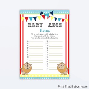 Puede incluir: Una tarjeta de juego imprimible para baby shower con el texto "BABY ABCS Items". La tarjeta tiene un tema de circo con detalles en rojo, amarillo y azul, e ilustraciones de leones. El juego consiste en enumerar artículos para bebés por letra.